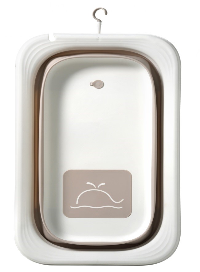 Cadita pliabila pentru bebelusi Little Mom Cream, prevazuta cu dop de scurgere, suport pentru fixarea capului de dus, dimensiune 85 x 50 x 21.5 cm
