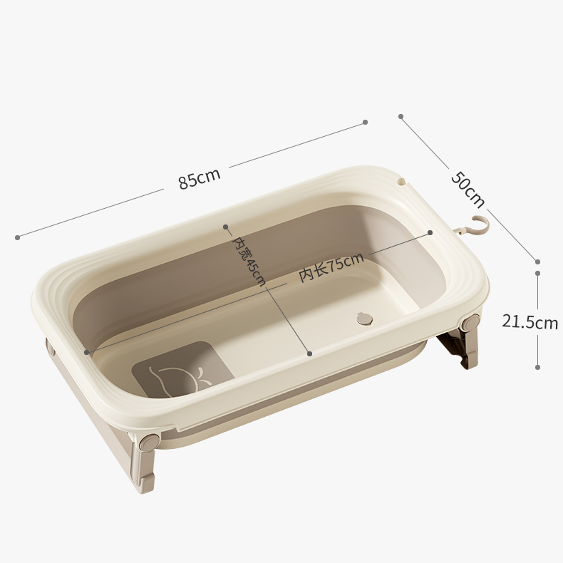 Cadita pliabila pentru bebelusi Little Mom Cream, prevazuta cu dop de scurgere, suport pentru fixarea capului de dus, dimensiune 85 x 50 x 21.5 cm