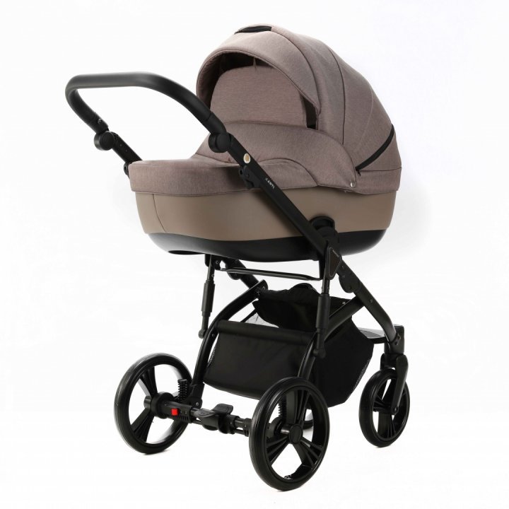 Carucior pentru copii, Adamex, 2 in 1, Lanti PS110, Pliabil, landou cu salteluta, copertina reglabila, roti frontale pivotante, cu dubla suspensie si husa de ploaie inclusa, Linen  EcoLeather, Coffee Bean