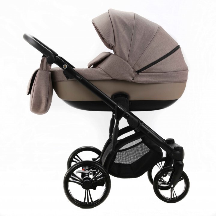 Carucior pentru copii, Adamex, 2 in 1, Lanti PS110, Pliabil, landou cu salteluta, copertina reglabila, roti frontale pivotante, cu dubla suspensie si husa de ploaie inclusa, Linen  EcoLeather, Coffee Bean - 1