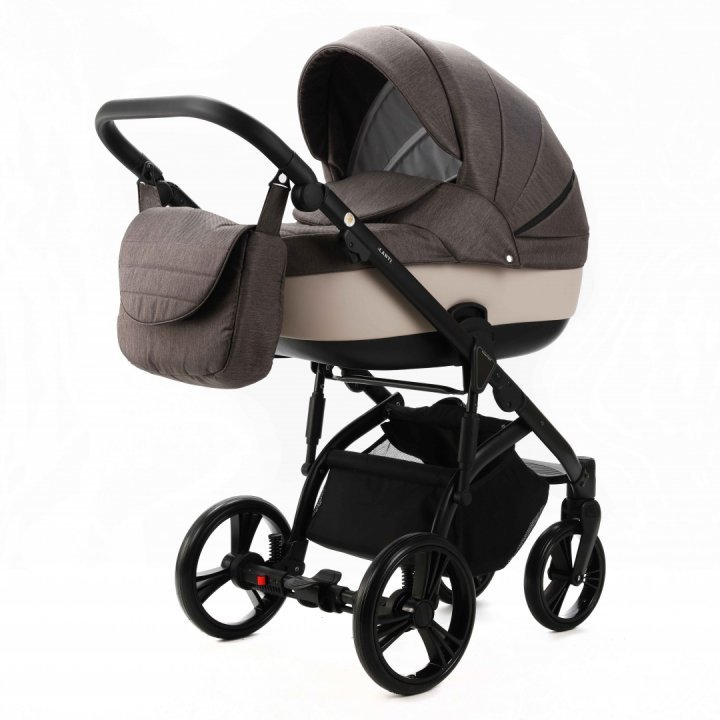 Carucior pentru copii, Adamex, 2 in 1, Lanti PS28, Pliabil, landou cu salteluta, copertina reglabila, roti frontale pivotante, cu dubla suspensie si husa de ploaie inclusa, Linen  EcoLeather Brownstone - 7