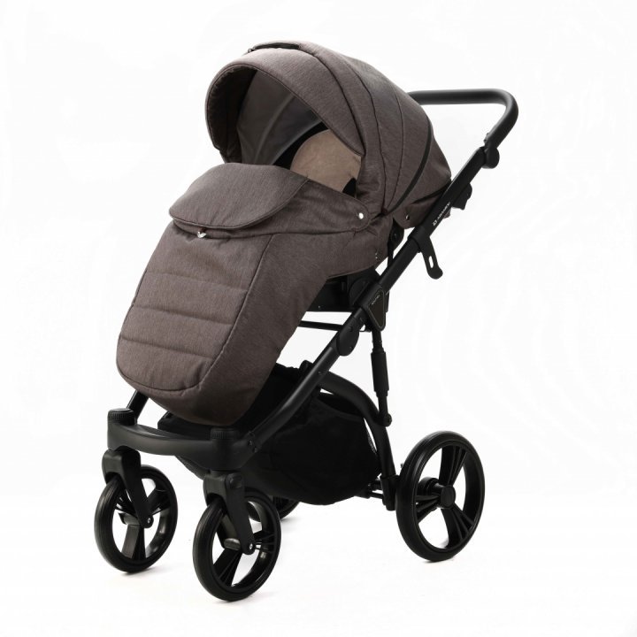 Carucior pentru copii, Adamex, 2 in 1, Lanti PS28, Pliabil, landou cu salteluta, copertina reglabila, roti frontale pivotante, cu dubla suspensie si husa de ploaie inclusa, Linen  EcoLeather Brownstone