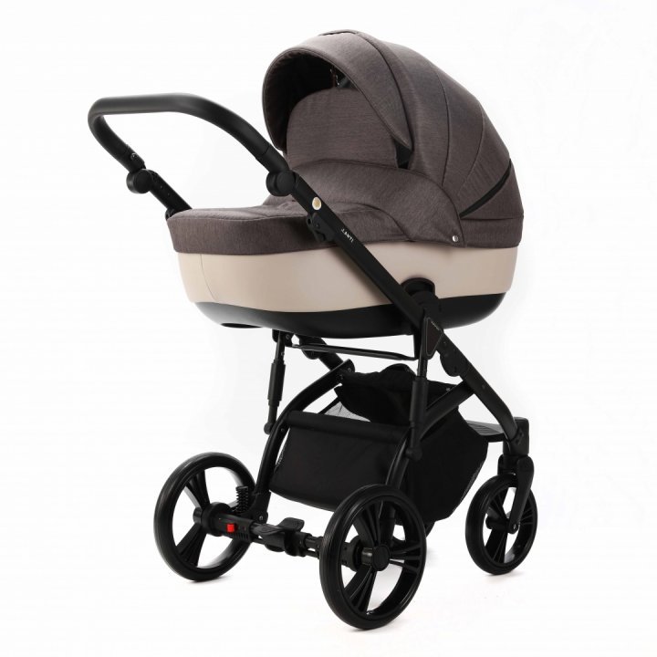Carucior pentru copii, Adamex, 2 in 1, Lanti PS28, Pliabil, landou cu salteluta, copertina reglabila, roti frontale pivotante, cu dubla suspensie si husa de ploaie inclusa, Linen  EcoLeather Brownstone - 1