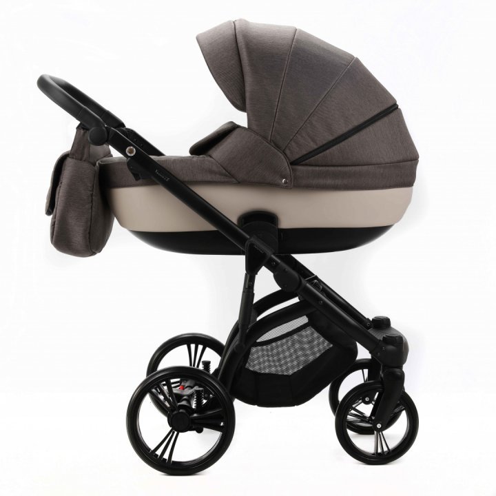 Carucior pentru copii, Adamex, 2 in 1, Lanti PS28, Pliabil, landou cu salteluta, copertina reglabila, roti frontale pivotante, cu dubla suspensie si husa de ploaie inclusa, Linen  EcoLeather Brownstone - 2