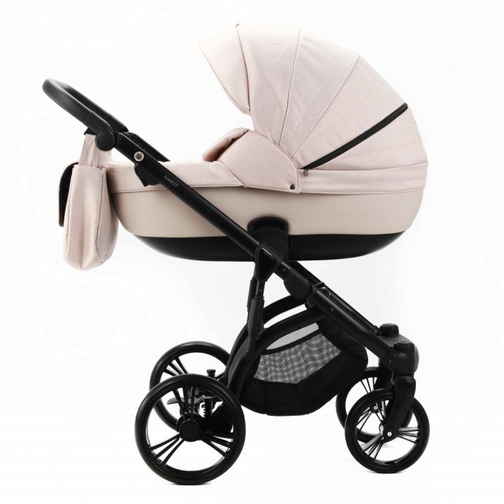 Carucior pentru copii, Adamex, 2 in 1, Lanti PS33, Pliabil, landou cu salteluta, copertina reglabila, roti frontale pivotante, cu dubla suspensie si husa de ploaie inclusa, Linen  EcoLeather Sandstone - 2