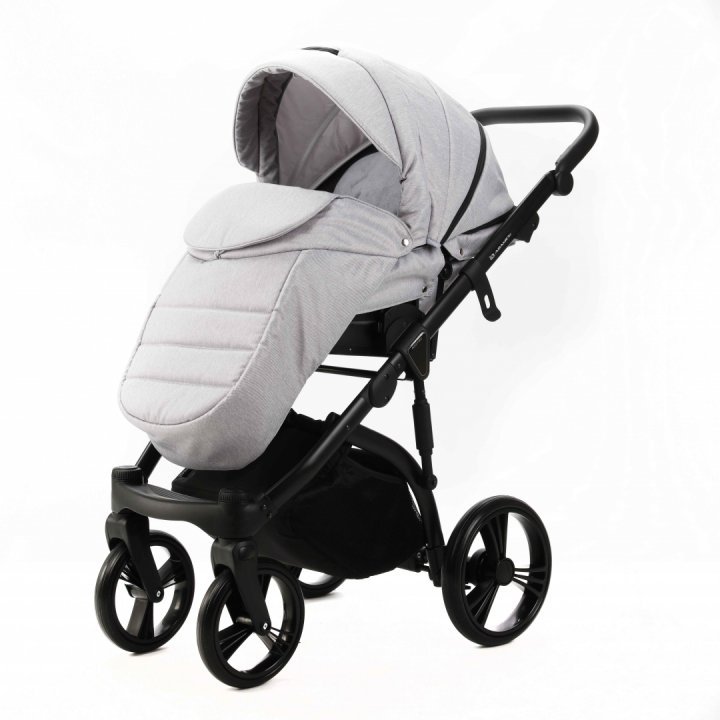 Carucior pentru copii, Adamex, 2 in 1, Lanti PS46, Pliabil, landou cu salteluta, copertina reglabila, roti frontale pivotante, cu dubla suspensie si husa de ploaie inclusa, Linen  EcoLeather, Pearl