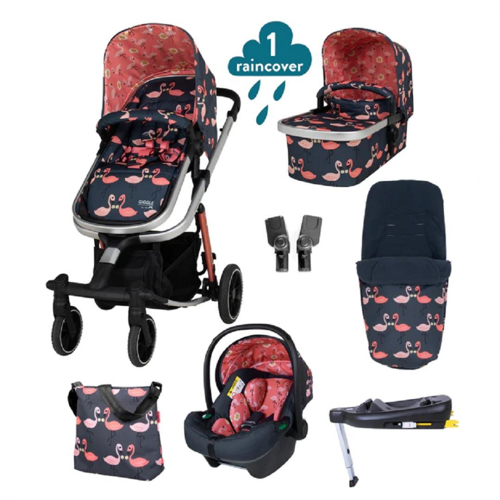 Carucior 4 in 1 pentru copii Cosatto Giggle Trail Pretty Flamingo, baza scaun auto isofix, geanta de infasat, saculet pentru picioare, husa ploaie - 1