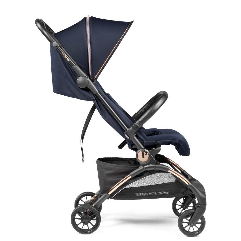 Carucior copii Peg Perego Volo, ultracompact, 0 - 22 kg, cu spatar si suport pentru picioare reglabile, frana centralizata, bara frontala detasabila si geanta transport inclusa,  5.4 kg, Blue Shine, Albastru - 1
