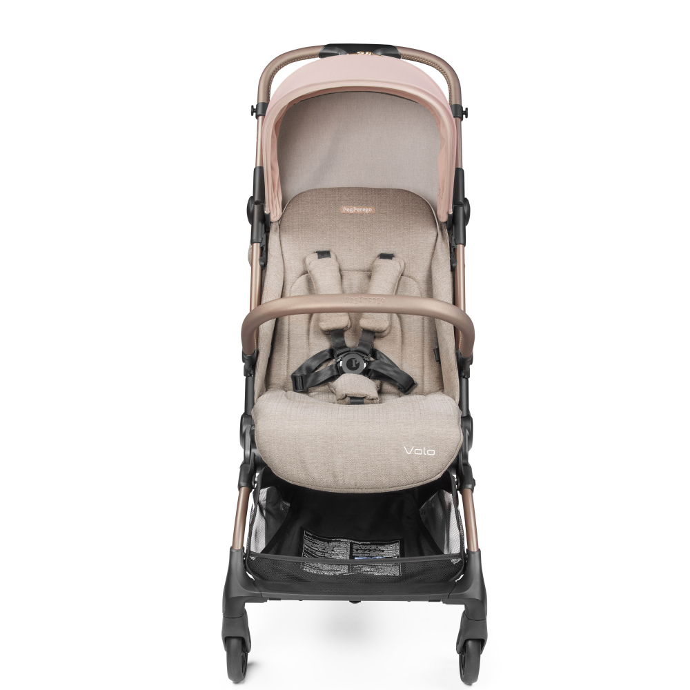 Carucior copii Peg Perego Volo, ultracompact, 0 - 22 kg, cu spatar si suport pentru picioare reglabile, frana centralizata, bara frontala detasabila si geanta transport inclusa, 5.4 kg, Mon Amour, Bej  Roz - 1
