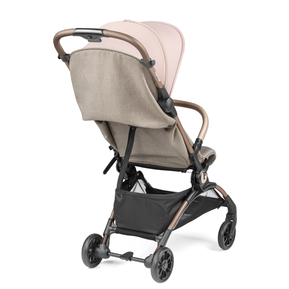 Carucior copii Peg Perego Volo, ultracompact, 0 - 22 kg, cu spatar si suport pentru picioare reglabile, frana centralizata, bara frontala detasabila si geanta transport inclusa, 5.4 kg, Mon Amour, Bej  Roz - 2