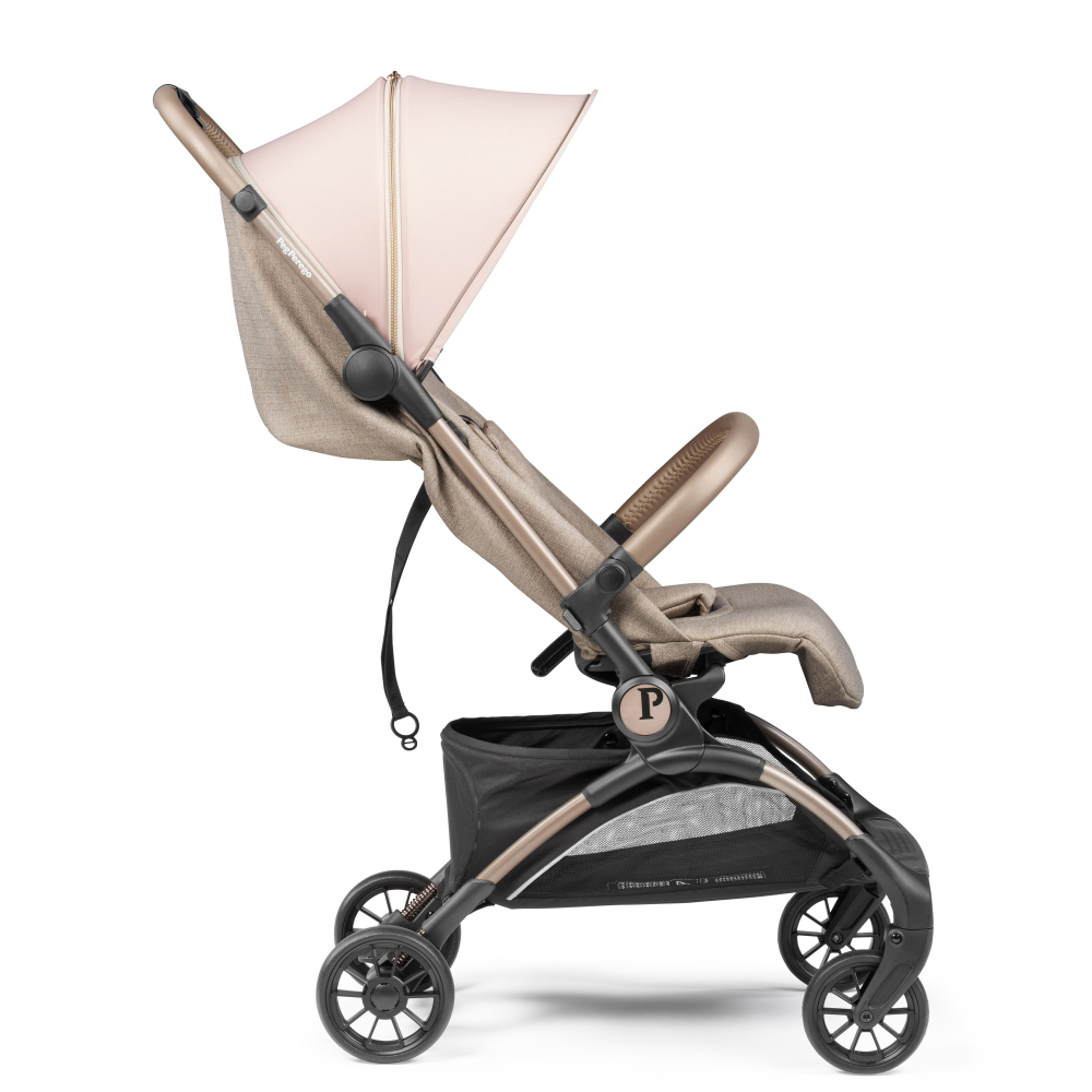 Carucior copii Peg Perego Volo, ultracompact, 0 - 22 kg, cu spatar si suport pentru picioare reglabile, frana centralizata, bara frontala detasabila si geanta transport inclusa, 5.4 kg, Mon Amour, Bej  Roz - 3