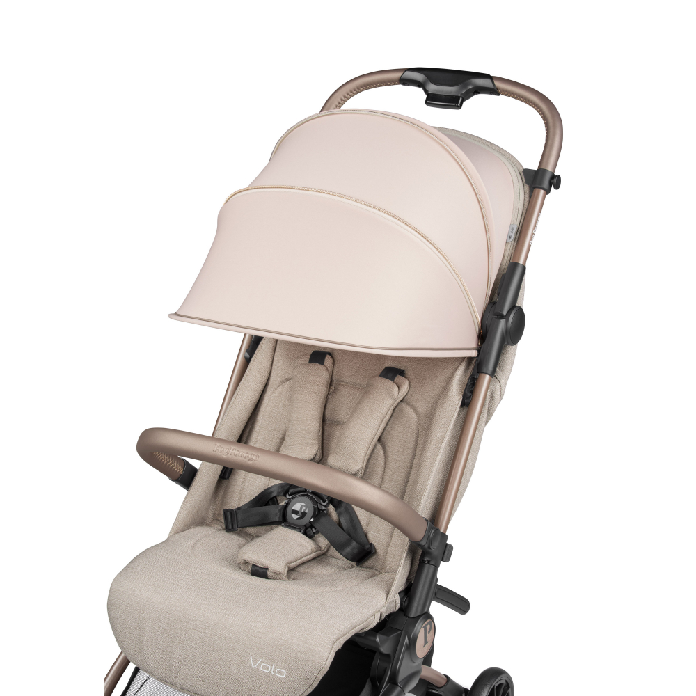 Carucior copii Peg Perego Volo, ultracompact, 0 - 22 kg, cu spatar si suport pentru picioare reglabile, frana centralizata, bara frontala detasabila si geanta transport inclusa, 5.4 kg, Mon Amour, Bej  Roz - 4