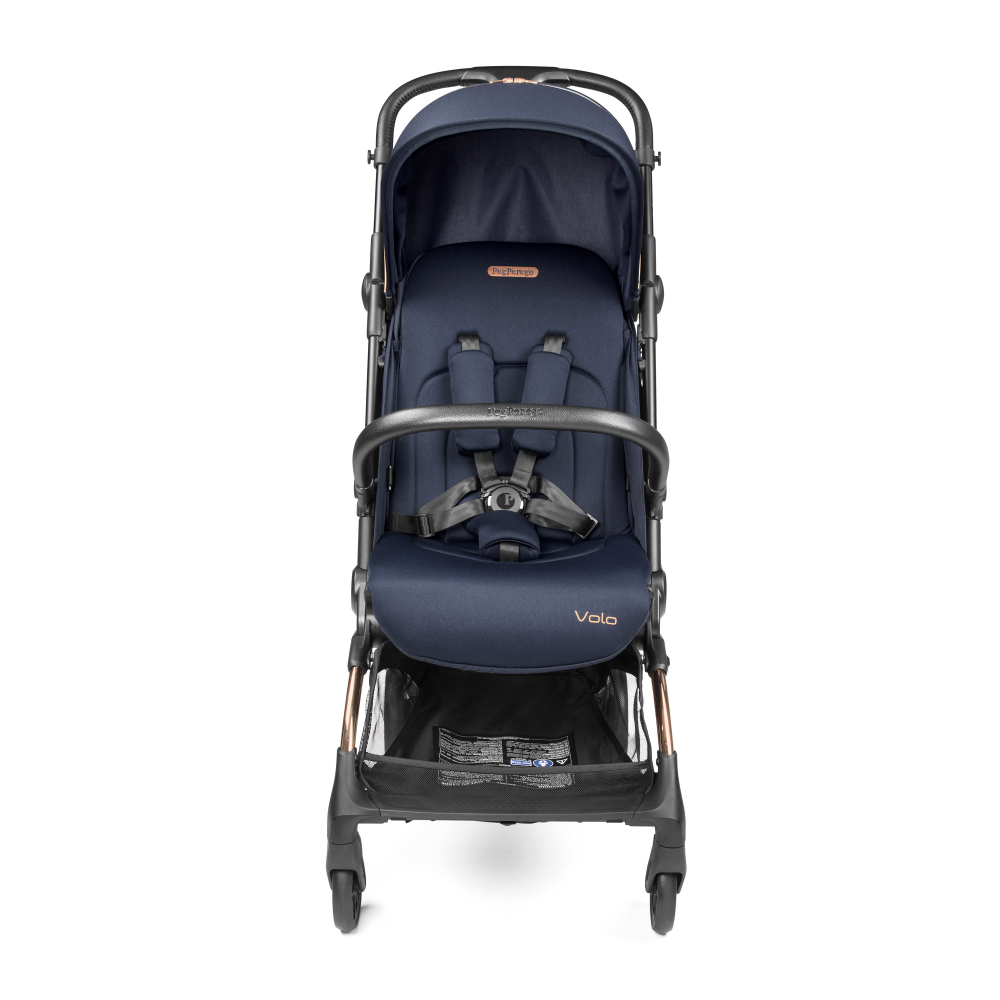 Carucior copii Peg Perego Volo, ultracompact, 0 - 22 kg, cu spatar si suport pentru picioare reglabile, frana centralizata, bara frontala detasabila si geanta transport inclusa,  5.4 kg, Blue Shine, Albastru