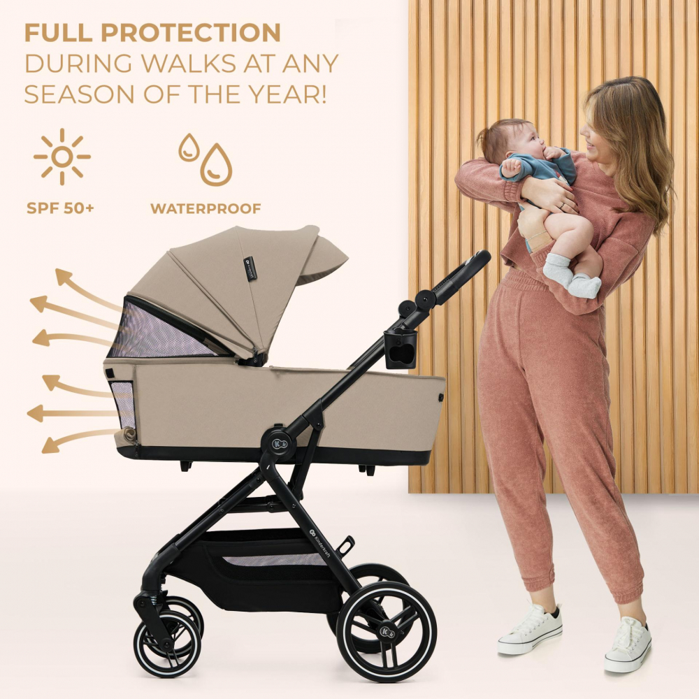 Carucior pentru copii 3 in 1 Kinderkraft Yoxi Sand Beige 0-22 kg, cadru din aluminiu, accesorii incluse - 1 | YEO