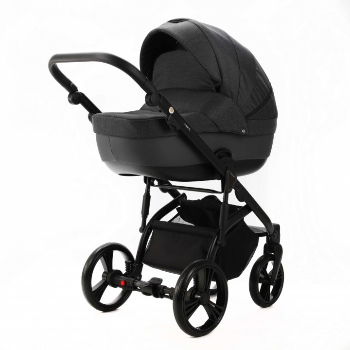 Carucior pentru copii, Adamex, 2 in 1, Lanti PS35, Pliabil, landou cu salteluta, copertina reglabila, roti frontale pivotante, cu dubla suspensie si husa de ploaie inclusa, Linen  EcoLeather, Dark Gray