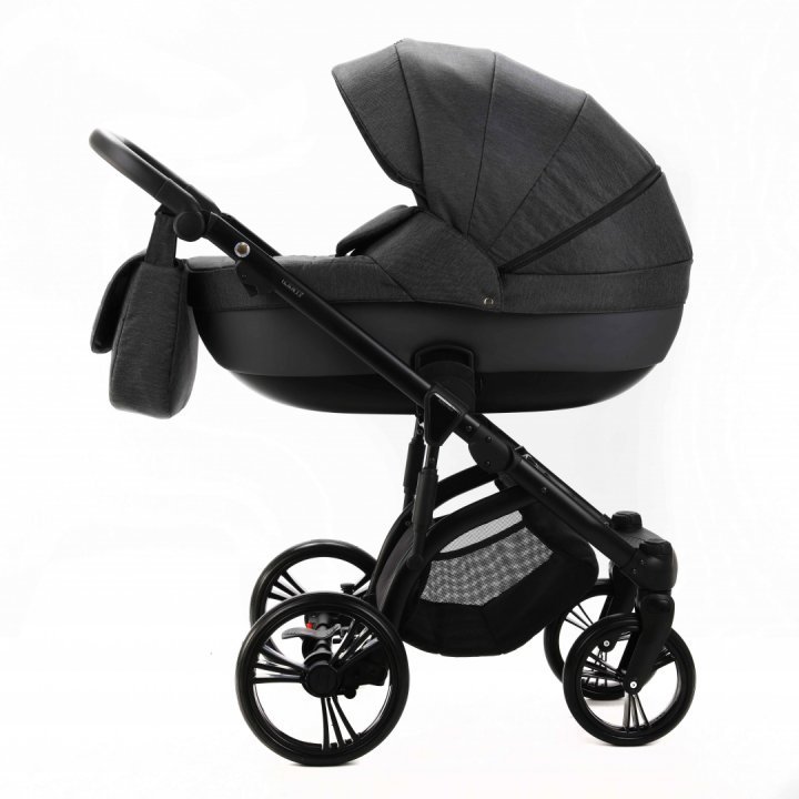 Carucior pentru copii, Adamex, 2 in 1, Lanti PS35, Pliabil, landou cu salteluta, copertina reglabila, roti frontale pivotante, cu dubla suspensie si husa de ploaie inclusa, Linen  EcoLeather, Dark Gray - 1