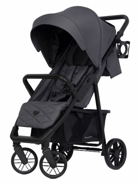 Carucior pentru copii Euro-Cart Flex omologat pana la 22 kg, Iron Black Edition cu cadru de aluminiu, roti cu suspensii, echipat cu husa de picioruse groasa, pelerina de ploaie si suport pentru biberon