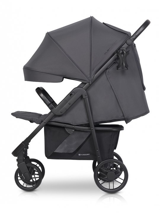 Carucior pentru copii Euro-Cart Flex omologat pana la 22 kg, Iron Black Edition cu cadru de aluminiu, roti cu suspensii, echipat cu husa de picioruse groasa, pelerina de ploaie si suport pentru biberon - 1