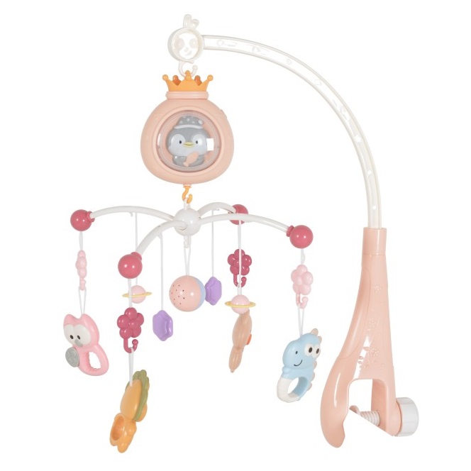 Carusel pentru patut copii Moni Penguin Pink cu telecomanda, Functie rotatie, Sunete albe, Volum reglabil, Functie lampa de veghe, Timer, Melodii