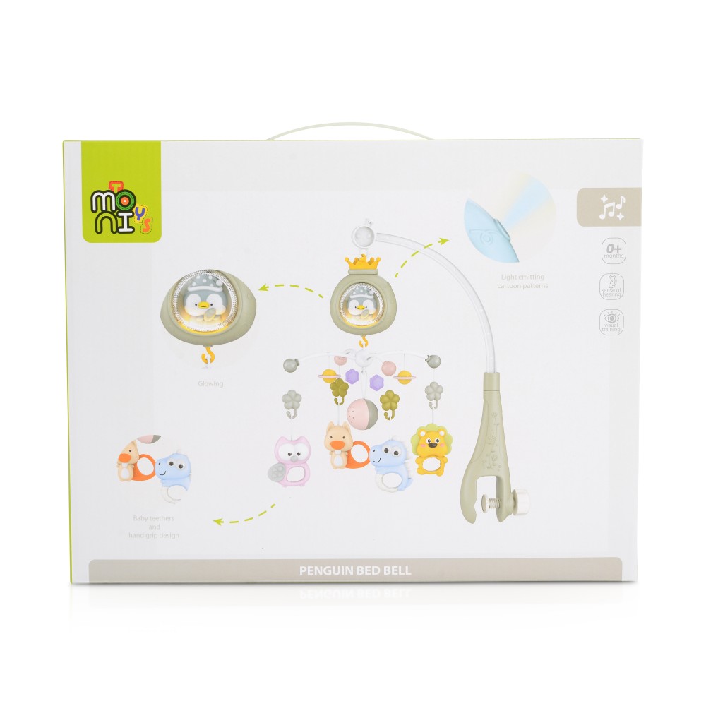 Carusel pentru patut copii Moni Penguin Pink cu telecomanda, Functie rotatie, Sunete albe, Volum reglabil, Functie lampa de veghe, Timer, Melodii - 1