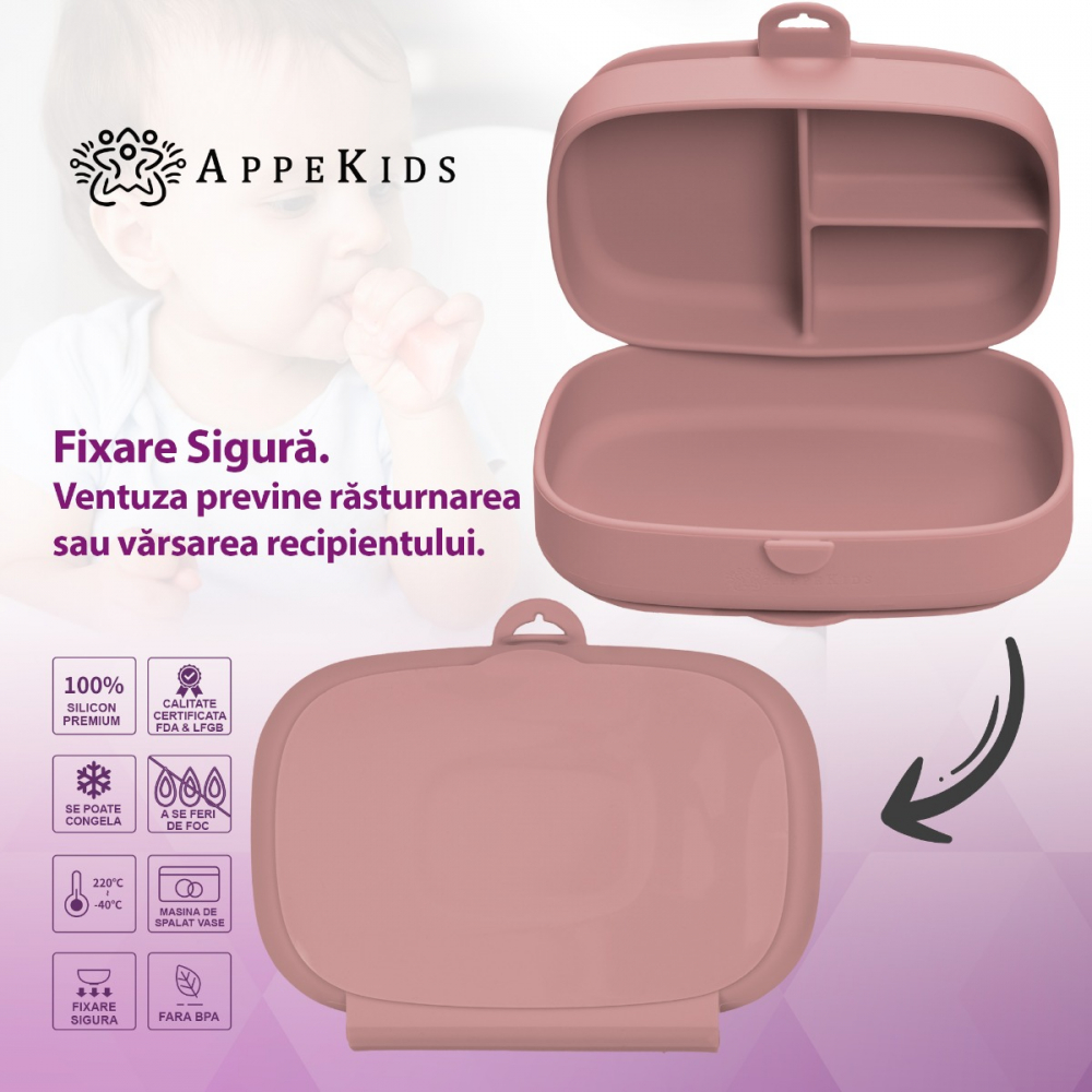 Caserola compartimentata din silicon cu ventuza AppeKids Magic Box Old Rose - 2 | YEO