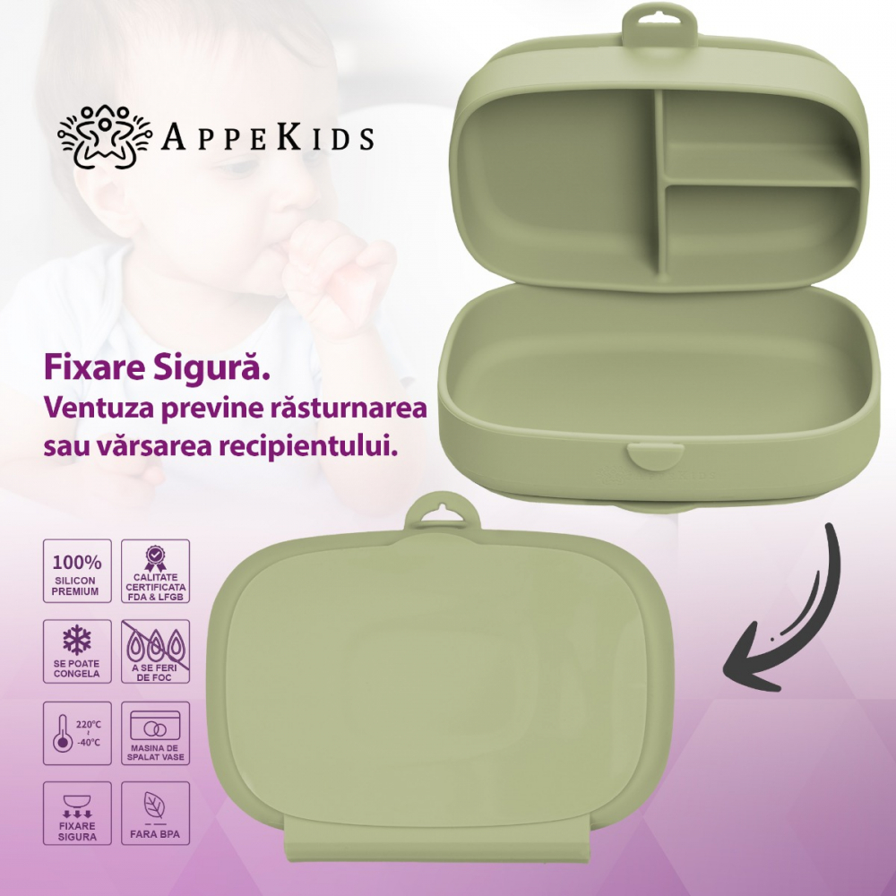 Caserola compartimentata din silicon cu ventuza AppeKids Magic Box Raw Green - 1 | YEO