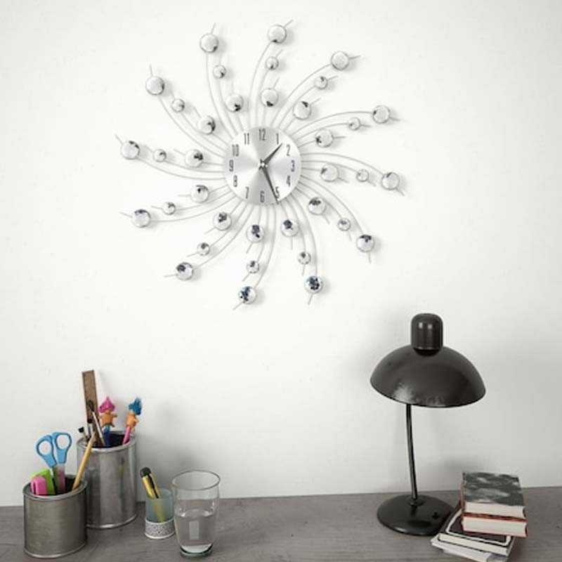 Ceas de perete cu cristale, 50 cm, mecanism quartz, cifre arabe, argintiu