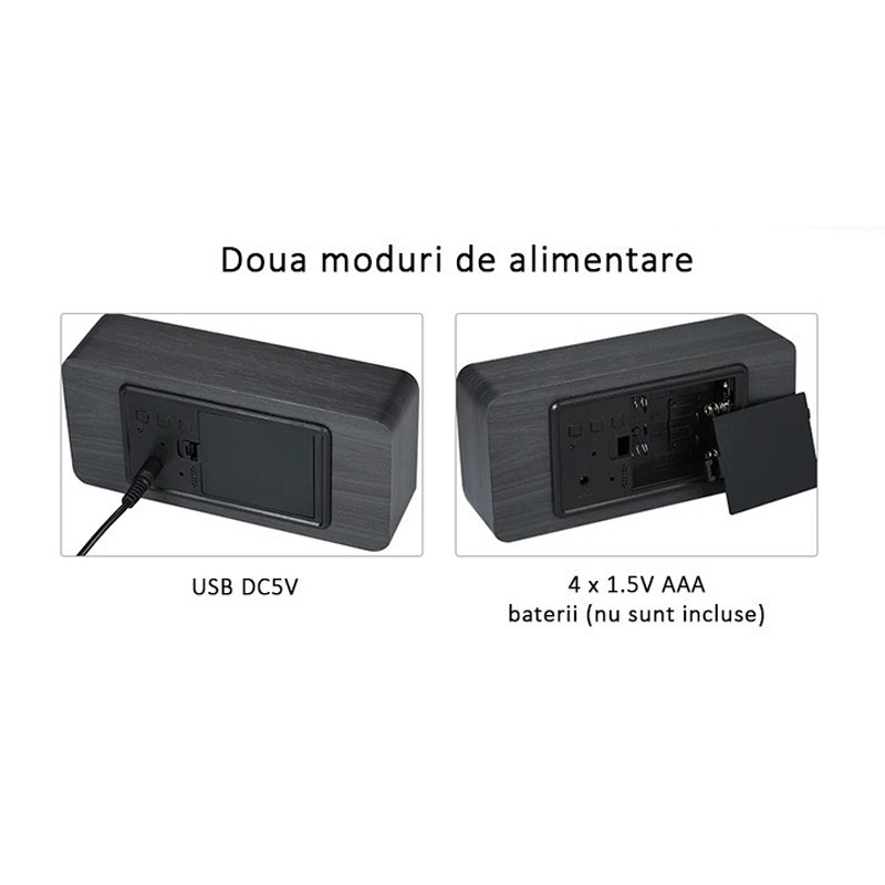 Ceas digital led, ora, data, temperatura, alarma, alimentare duala, mdf - 3 | YEO
