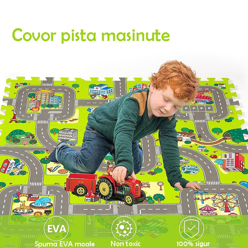 Covoras pista masinute, 9 piese tip puzzle, spuma eva, grosime 1 cm, 90x90 cm