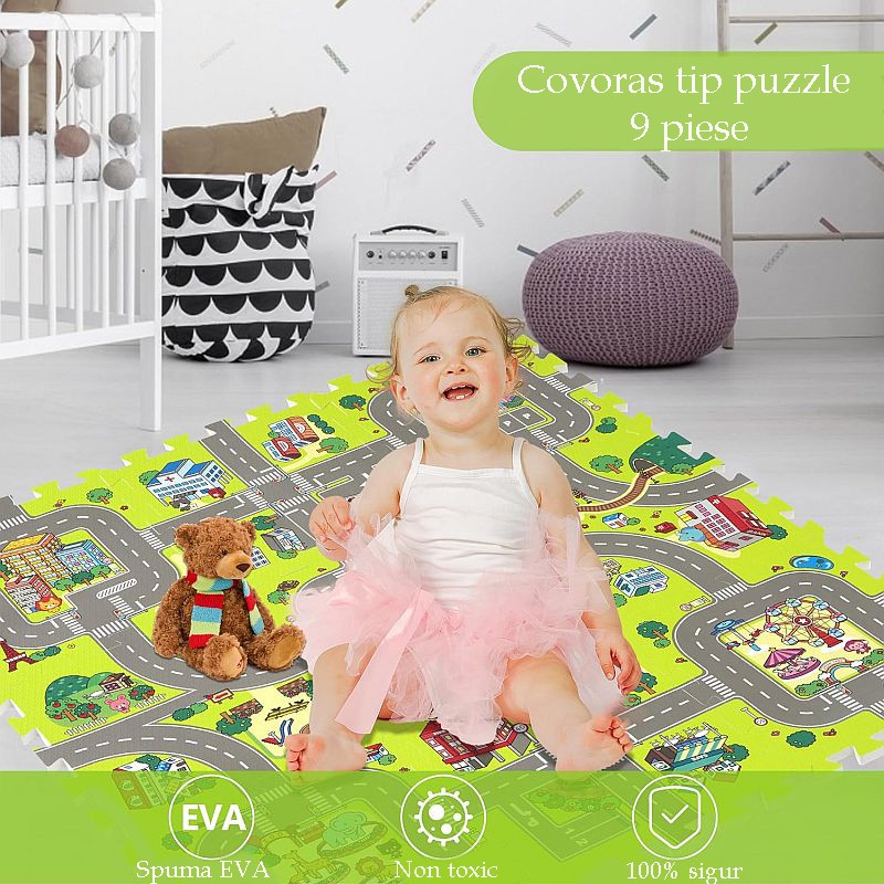 Covoras pista masinute, 9 piese tip puzzle, spuma eva, grosime 1 cm, 90x90 cm - 1 | YEO