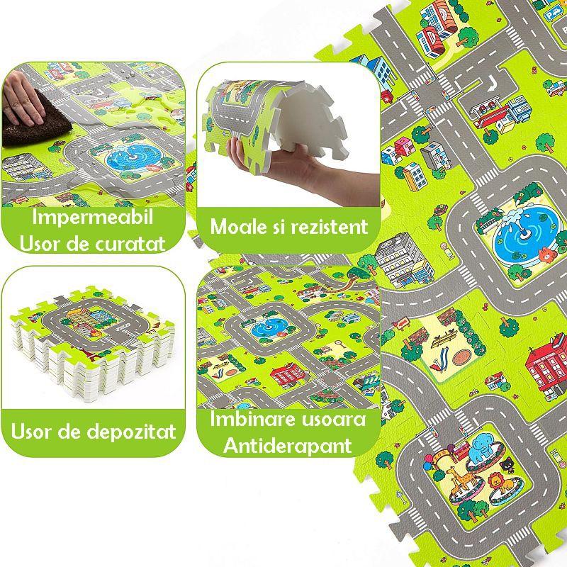 Covoras pista masinute, 9 piese tip puzzle, spuma eva, grosime 1 cm, 90x90 cm - 2 | YEO
