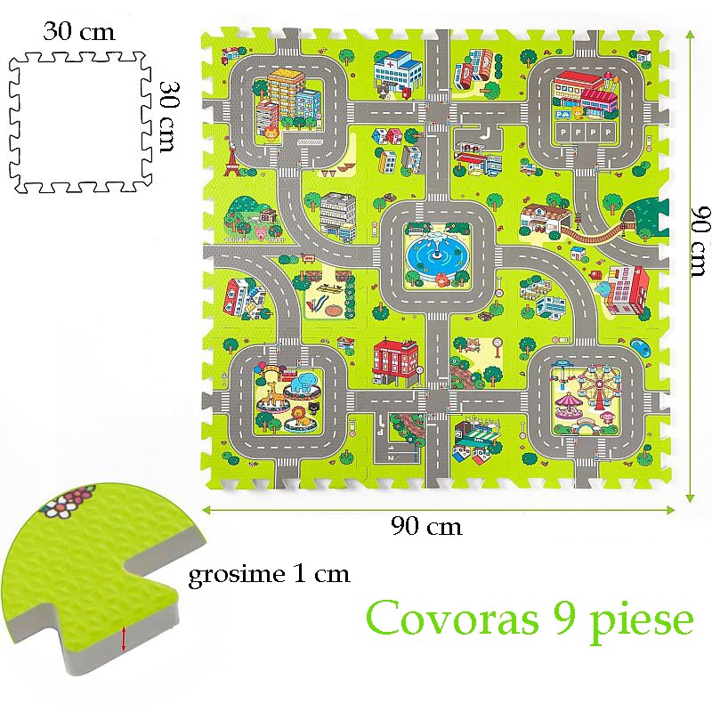 Covoras pista masinute, 9 piese tip puzzle, spuma eva, grosime 1 cm, 90x90 cm - 4