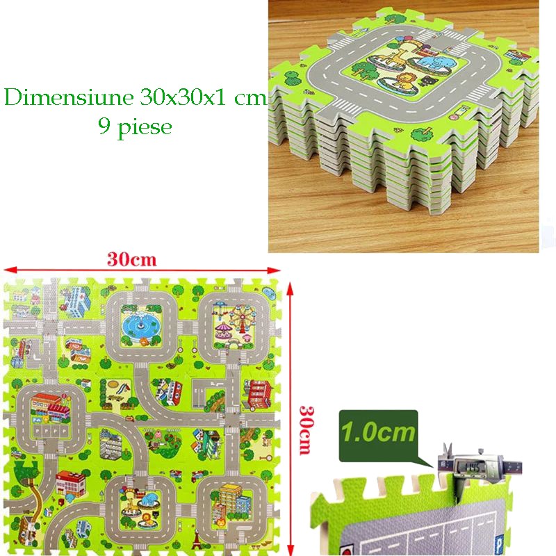 Covoras pista masinute, 9 piese tip puzzle, spuma eva, grosime 1 cm, 90x90 cm - 5