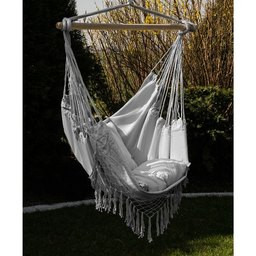 Hamac de gradina, Gardlov, design ergonomic tip scaun brazilian, cu 2 perne incluse, sarcina maxima 120 kg, Gri