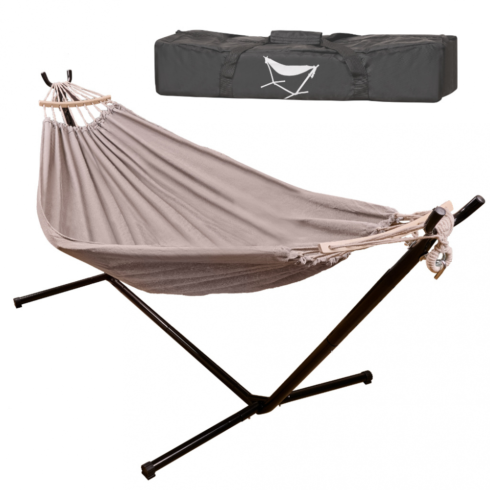 Hamac de gradina pliabil, Ikonka, cu cadrul metalic, tesatura tricotata, capacitate de incarcare 150 kg, si geanta de transport cu manere inclusa, 200 cm - 6 | YEO