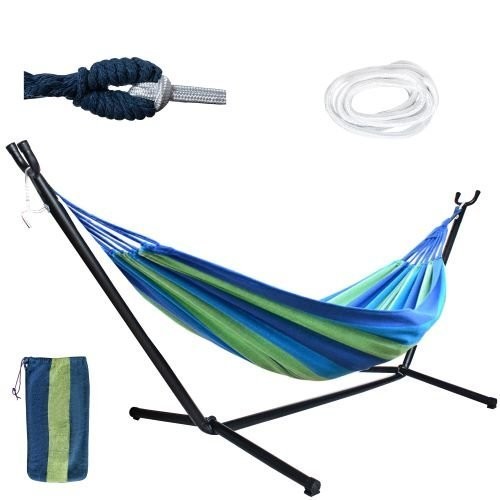 Hamac dublu cu suport metalic, multicolor, 200x150 cm, greutate maxima 200 kg, husa depozitare inclusa