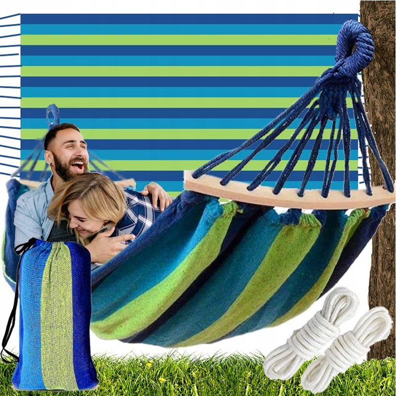 Hamac pentru 2 persoane, 150x200 cm, tija din lemn, maxim 200 kg, husa depozitare, verdealbastru - 1 | YEO