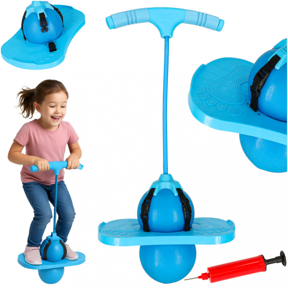 Jumper de sarituri si echilibru pentru copii, Ikonka, cu placa antiderapanta si pompa inclusa, inaltime 70 cm, Pogo Blue