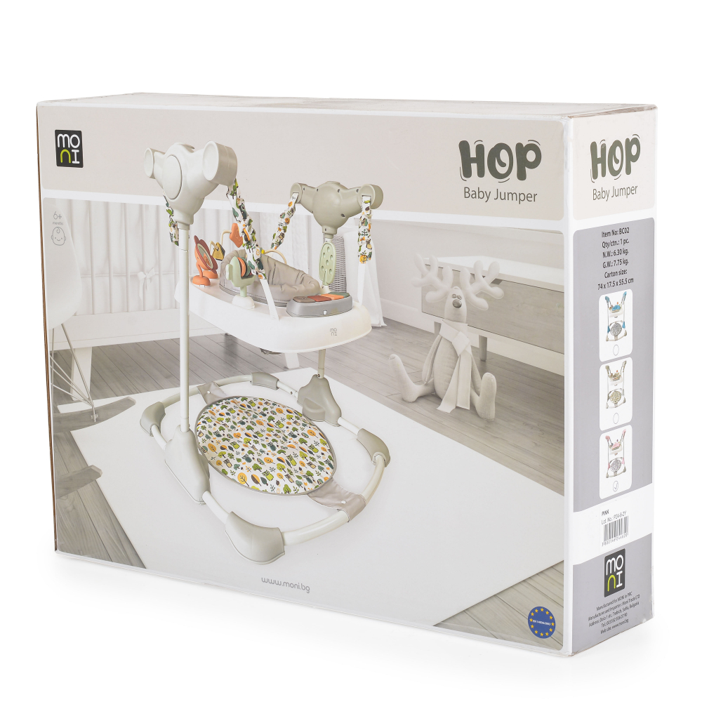 Jumper pentru copii Moni Hop Gri cu inaltime reglabila,sezut rotativ 360 grade, Panou muzical cu taste, Jucarii cu diferite forme, culori si texturi, Recomandat copii peste 6 luni si greutatea de pana la 12 kg - 3