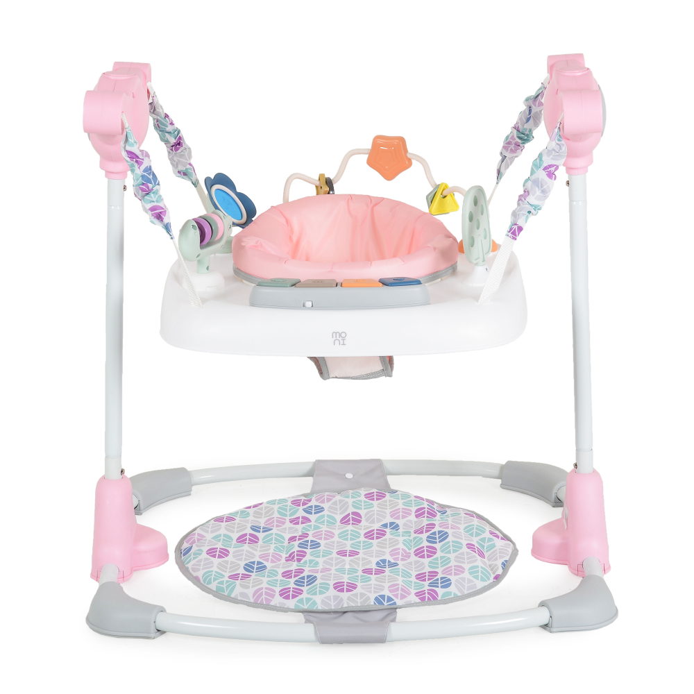 Jumper pentru copii Moni Hop Roz cu inaltime reglabila,sezut rotativ 360 grade, Panou muzical cu taste, Jucarii cu diferite forme, culori si texturi, Recomandat copii peste 6 luni si greutatea de pana la 12 kg