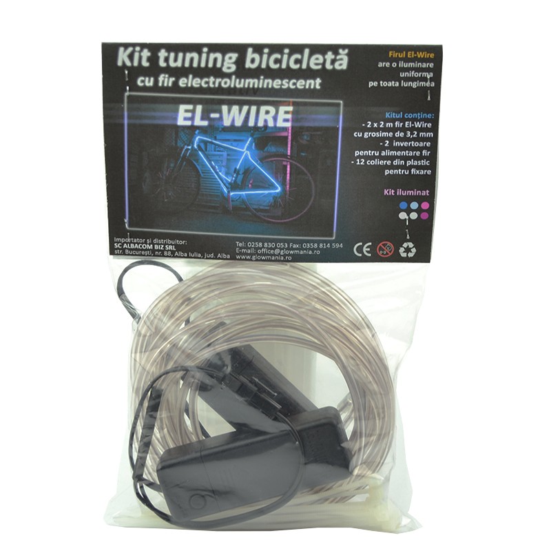 Kit fir luminos el wire pentru tuning roti bicicleta, lungime 4 m, invertoare incluse culoare alb