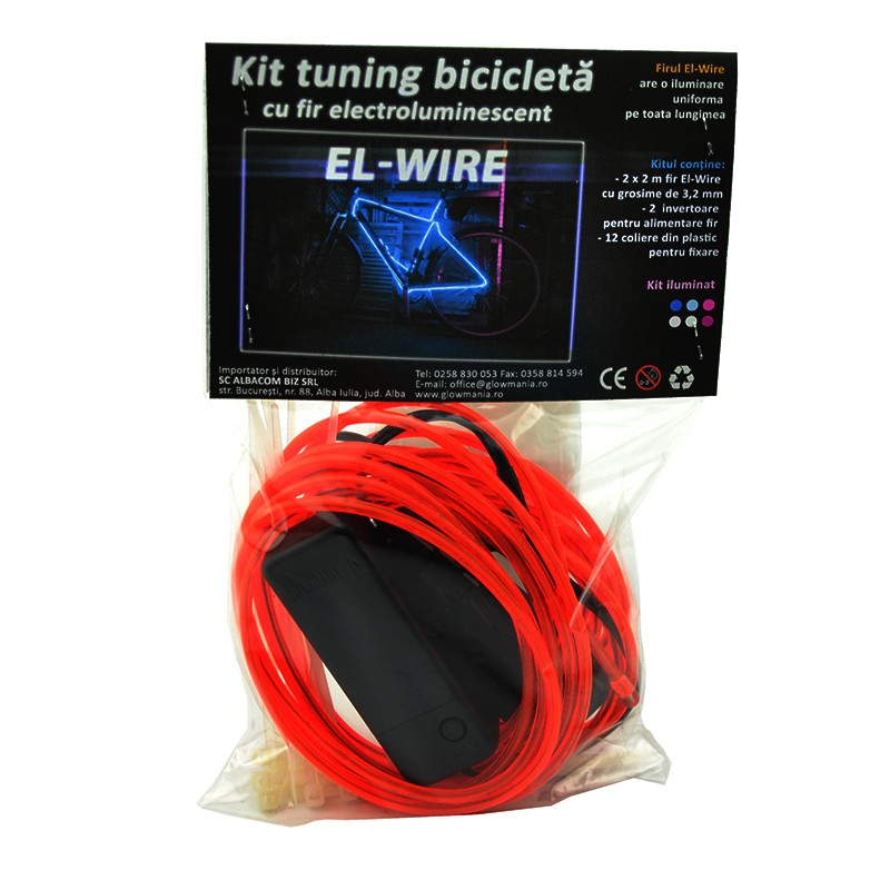 Kit fir luminos el wire pentru tuning roti bicicleta, lungime 4 m, invertoare incluse culoare rosu