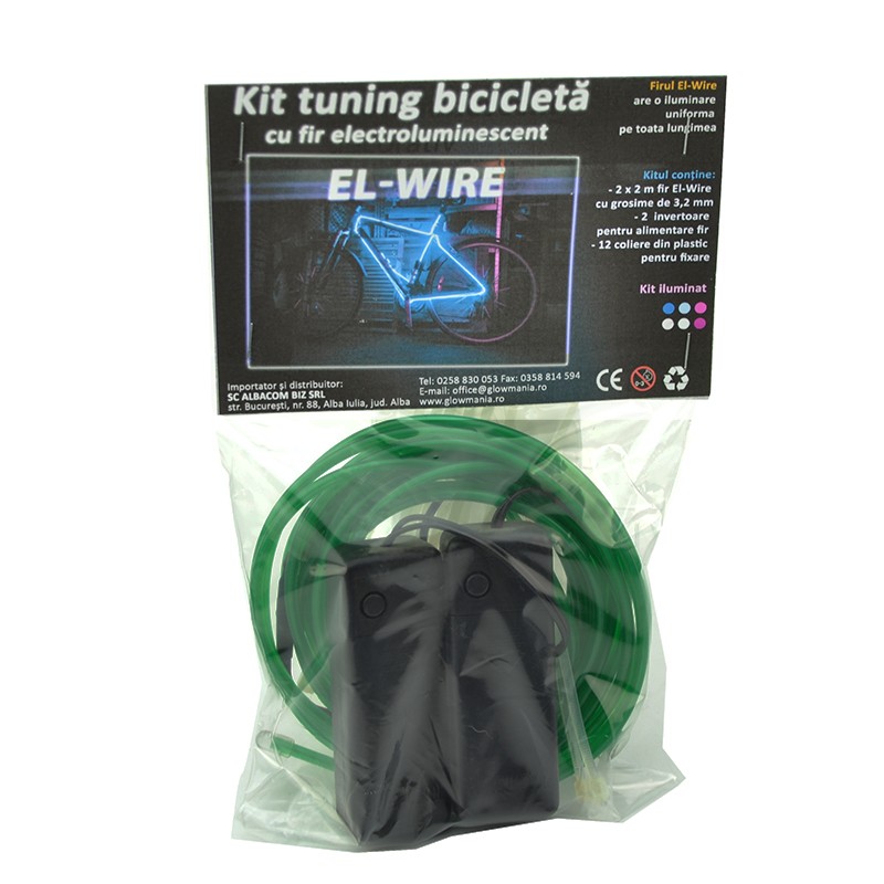 Kit fir luminos el wire pentru tuning roti bicicleta, lungime 4 m, invertoare incluse culoare verde