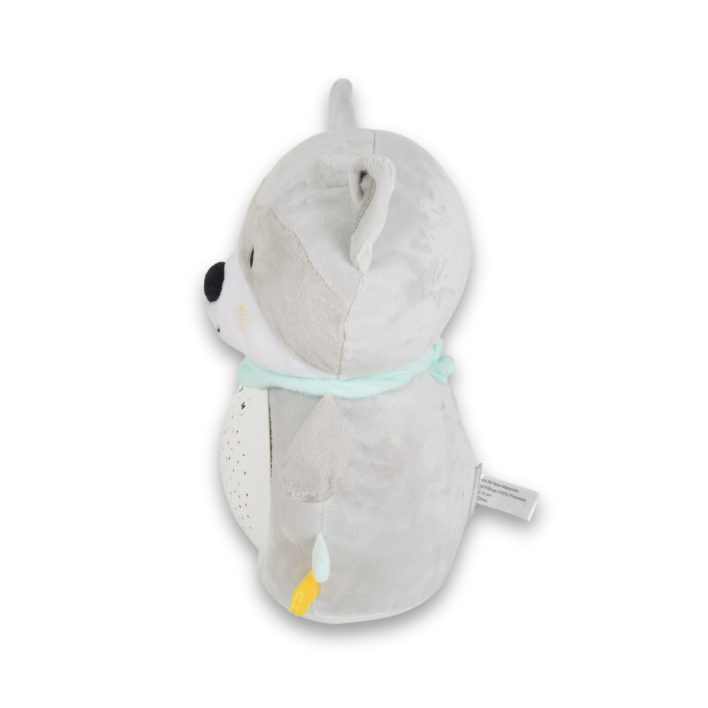 Lampa de veghe pentru camera copii Moni Snuggly Racoon cu sunete albe,10 melodii linistitoare si sunete ale naturii,Volum reglabil,Oprire automata dupa 20 minute,Material plus moale,Proiector detasabil utilizare individuala