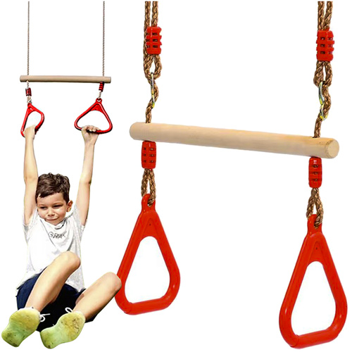 Leagan pentru copii, Kruzzel, model 2 in 1, include trapez de gimnastica si bara acrobatica din lemn, inaltime reglabila, max 100 kg