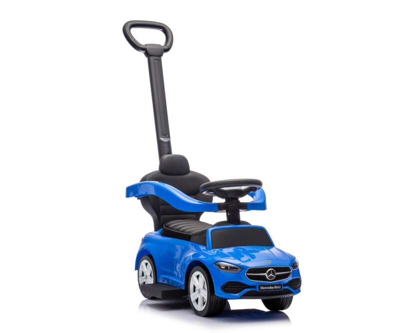 Masinuta copii fara pedale 3 in 1 Mercedes C-Class Deluxe Blue Milly Mally, roti din cauciuc, scaun din piele ecologica, volan echipat cu sunete realiste, suport pentru picioare, bara de protectie, 12-36 luni