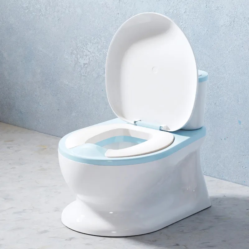 Olita tip minitoaleta pentru copii Little Mom Blue cu sunete, colac din PVC, vas colector detasabil, capac rabatabil cu functie de spatar si suport pentru servetele, dimensiuni 27x22x32 cm