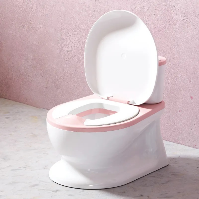Olita tip minitoaleta pentru copii Little Mom Pink cu sunete, colac din PVC, vas colector detasabil, capac rabatabil cu functie de spatar si suport pentru servetele, dimensiuni 27x22x32 cm