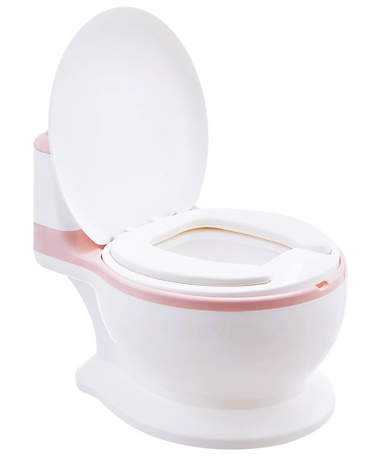 Olita tip minitoaleta pentru copii Little Mom Pink, design realist si ergonomic, colac PVC, cu vas colector detasabil, suport pentru hartie, baza antiderapanta, dimensiune 39 x 27 x 32 cm