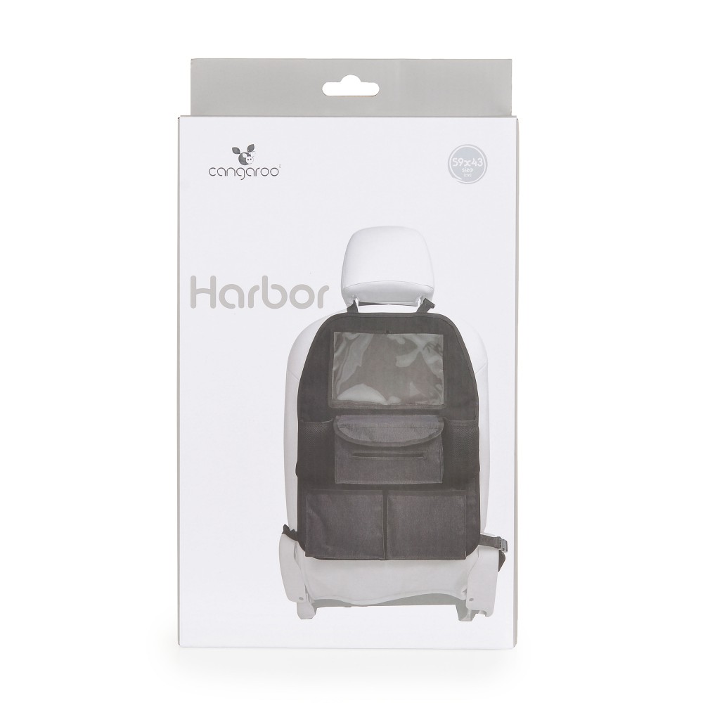 Organizator auto pentru copii Cangaroo Harbour Black,Model universal,Protejeaza scaunul din fata de murdarie,Buzunare multiple,Compartiment pentru seervetele umede si Sticla,Dimensiune 59x43 cm - 1 | YEO